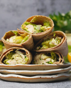 Lunch: Grilled Chicken and Avocado Wrap Use a whole grain wrap and fill it with grilled chicken breast, mashed avocado, lettuce, tomato, and cucumber.